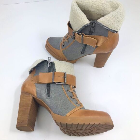 Naughty Monkey HIGHTRAIL Brown Leather Sherpa Lined Zip Up Heeled Buckle Boots - Picture 7 of 16